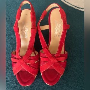 Salvatore Ferragamo Red Suede Wedge Sandals